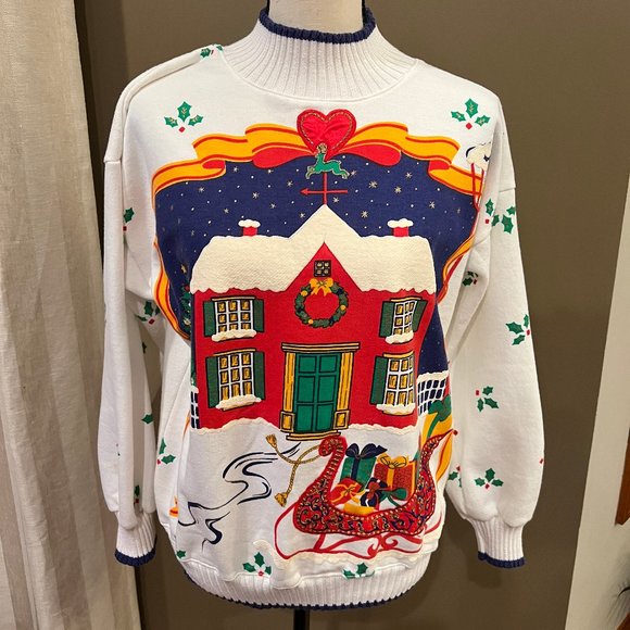 Architect Tops - Vintage 80s/90s White Winter Holiday House Christmas Sweatshirt, Size Small